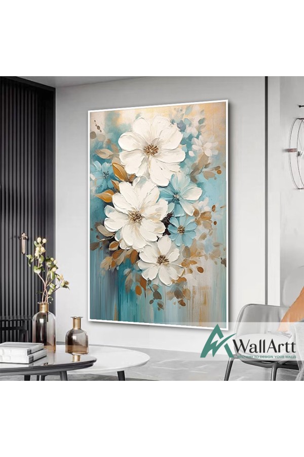 White Blue Flowers with Gold Leaves II 3d Heavy Textured Partial Oil Painting